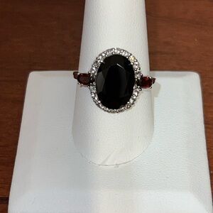 Black Spinel, White Zircon, & Red Garnet Ring Size 10 Sterling Silver Never Worn